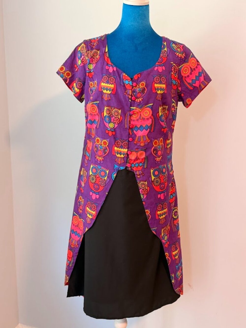 Colorful Boho Owl Print Kurti Tunic Top, Purple Multicolor